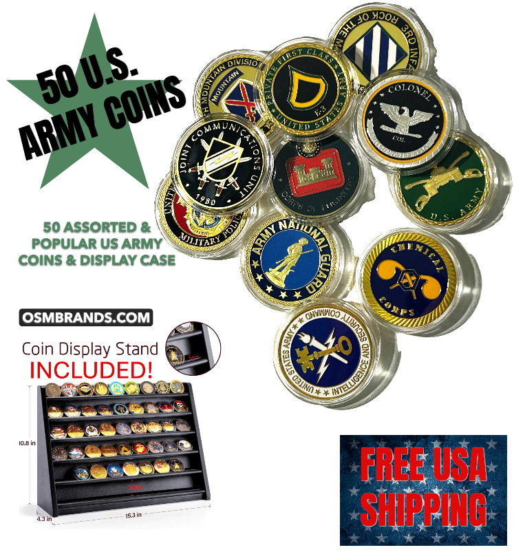 Collectors Lot of 50 US Army Coins with Display Case