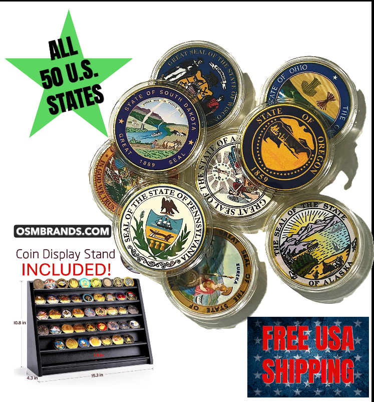 Collection Set-All 50 State Seal Coins & Display Stand