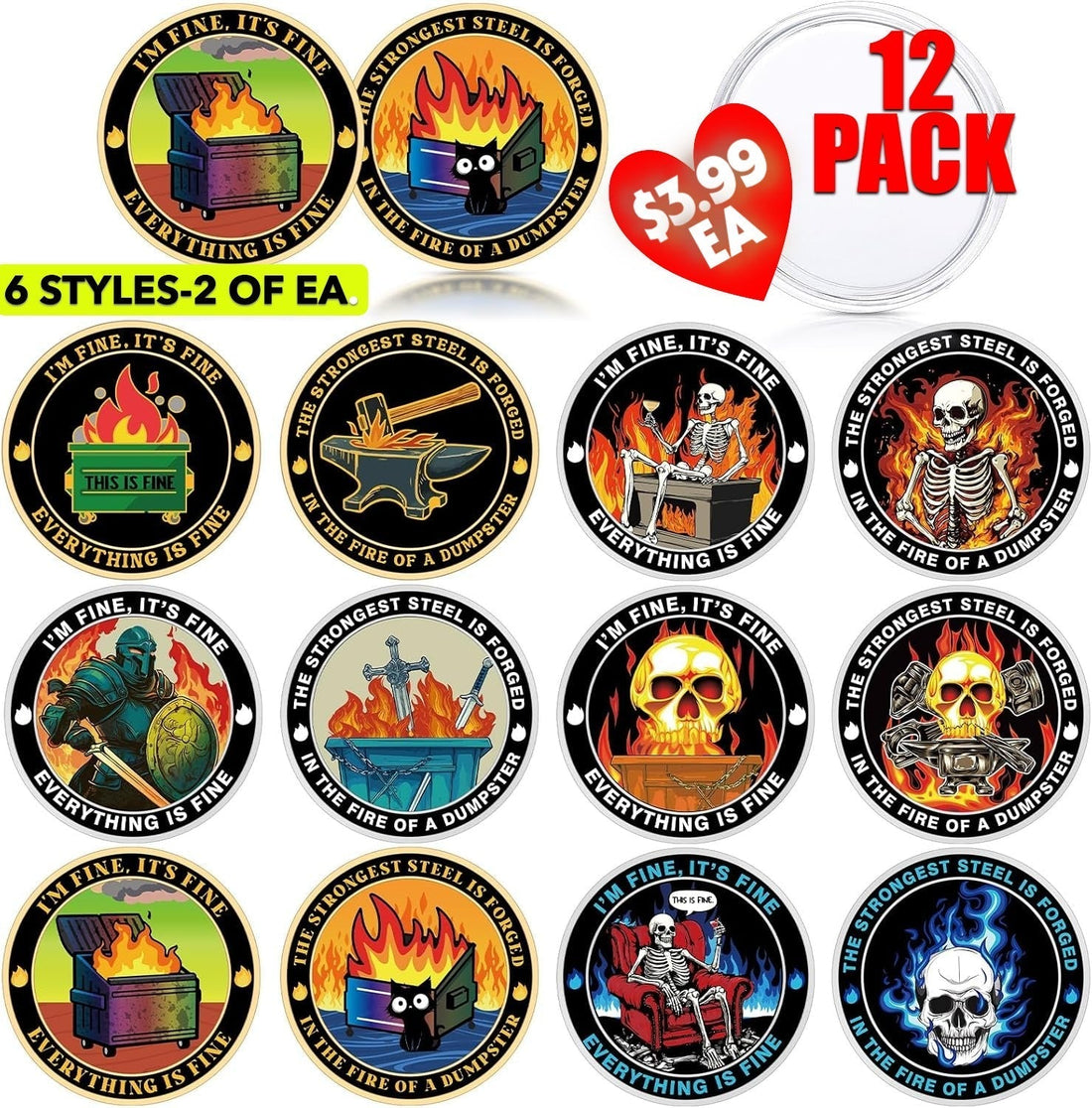 12 Pack of Funny and Colorful Dumpster Fire Coins 1.57"