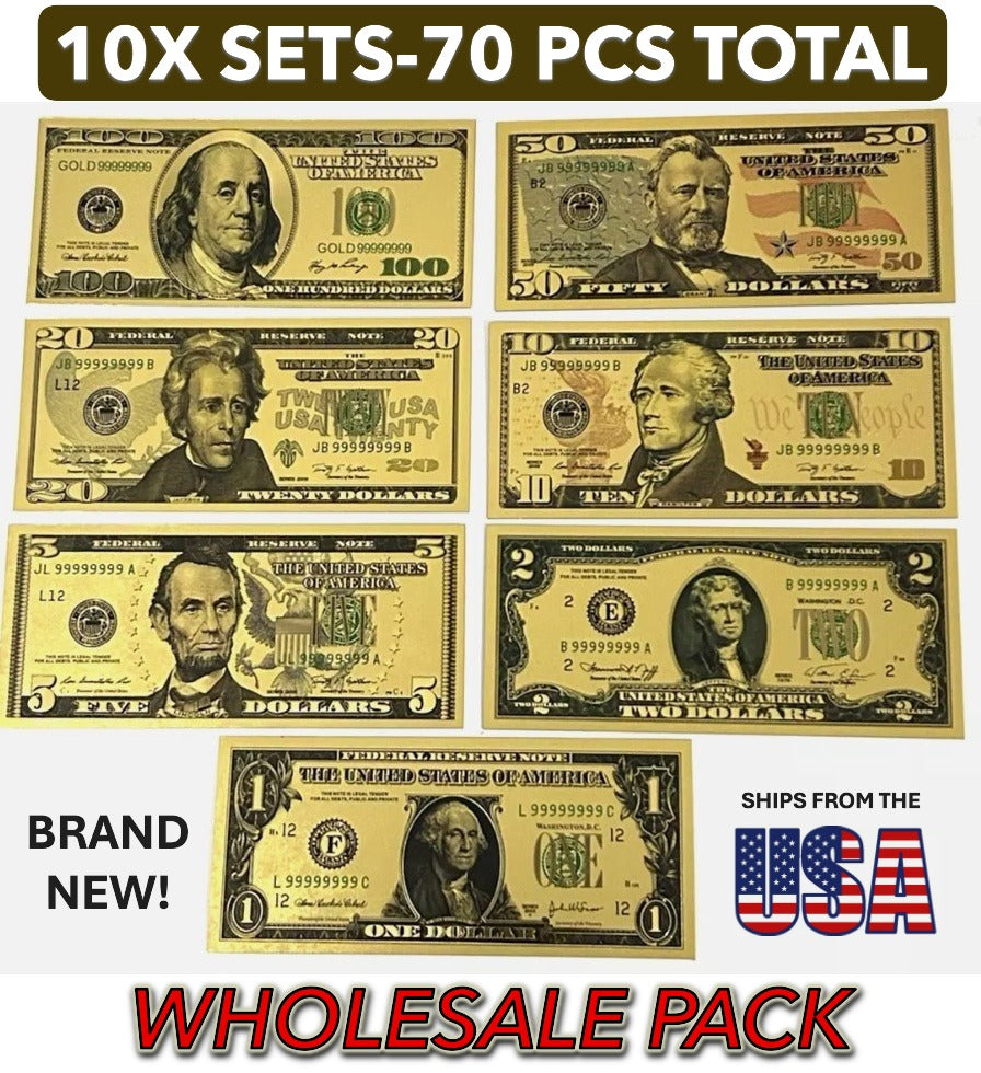 WHOLESALE-5/10/20 SETS-24K GOLD Plated Foil Novelty Banknotes $1-$100-7 PER SET