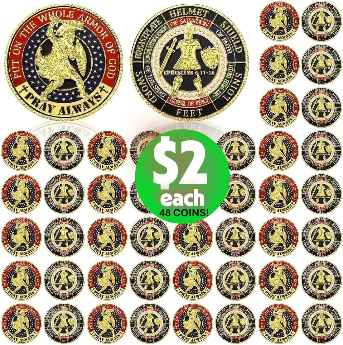 48 Pcs. of Armor of God Coins 1.57" with Capsules-FREE SHIPPING!