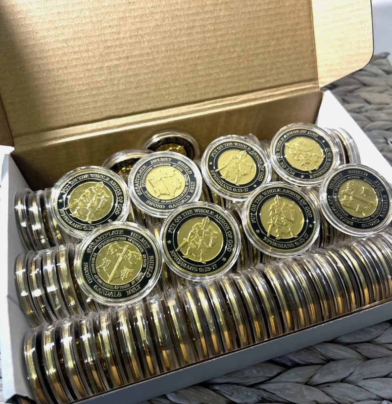96 Case Pack Put on Whole Armor of God Ephesians 6-13-17 Bible Verse Challenge Coin 1.57"