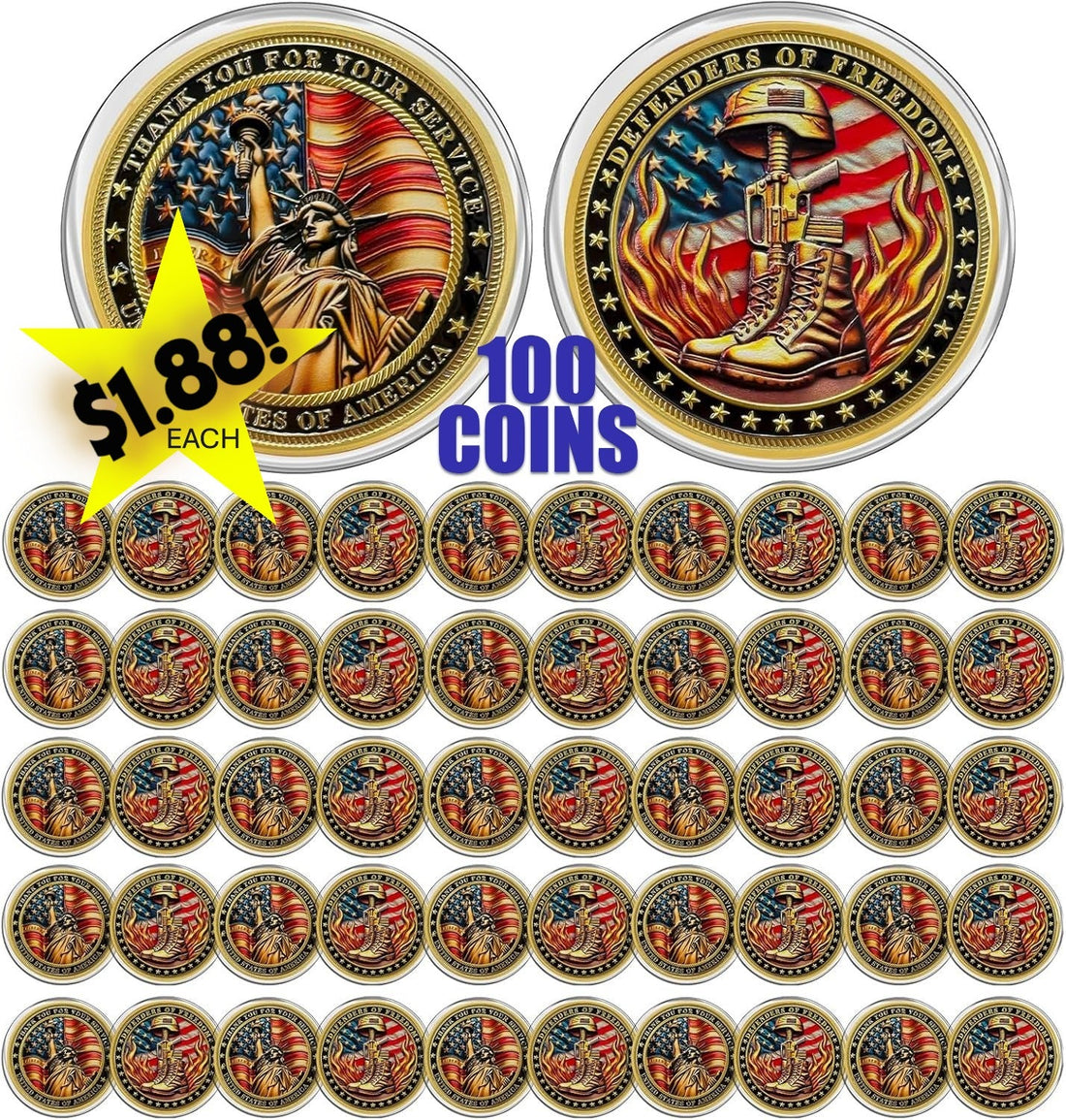 100/50 PACK OF USA Veterans "Defenders of Freedom Coins
