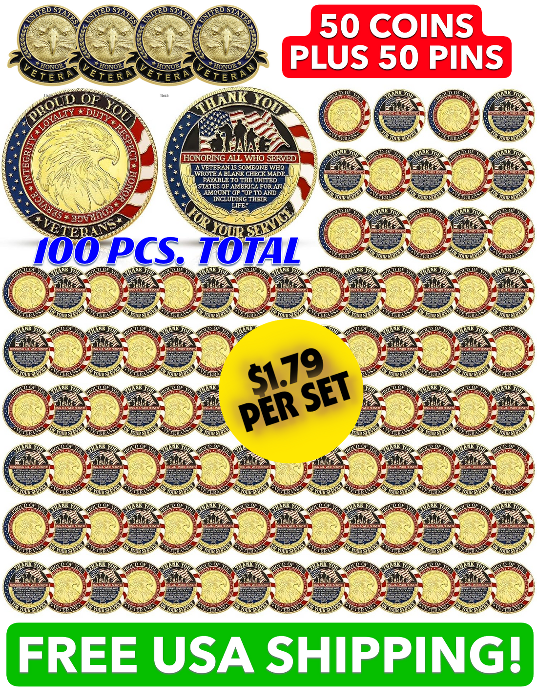 Veteran Appreciation Coin and Lapel Pin Packs 100 Total Pcs.