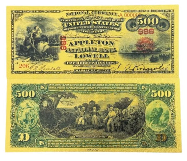 Appleton National Bank Lowell $500 National Currency 24K Gold Foil Replica — 10-Pack