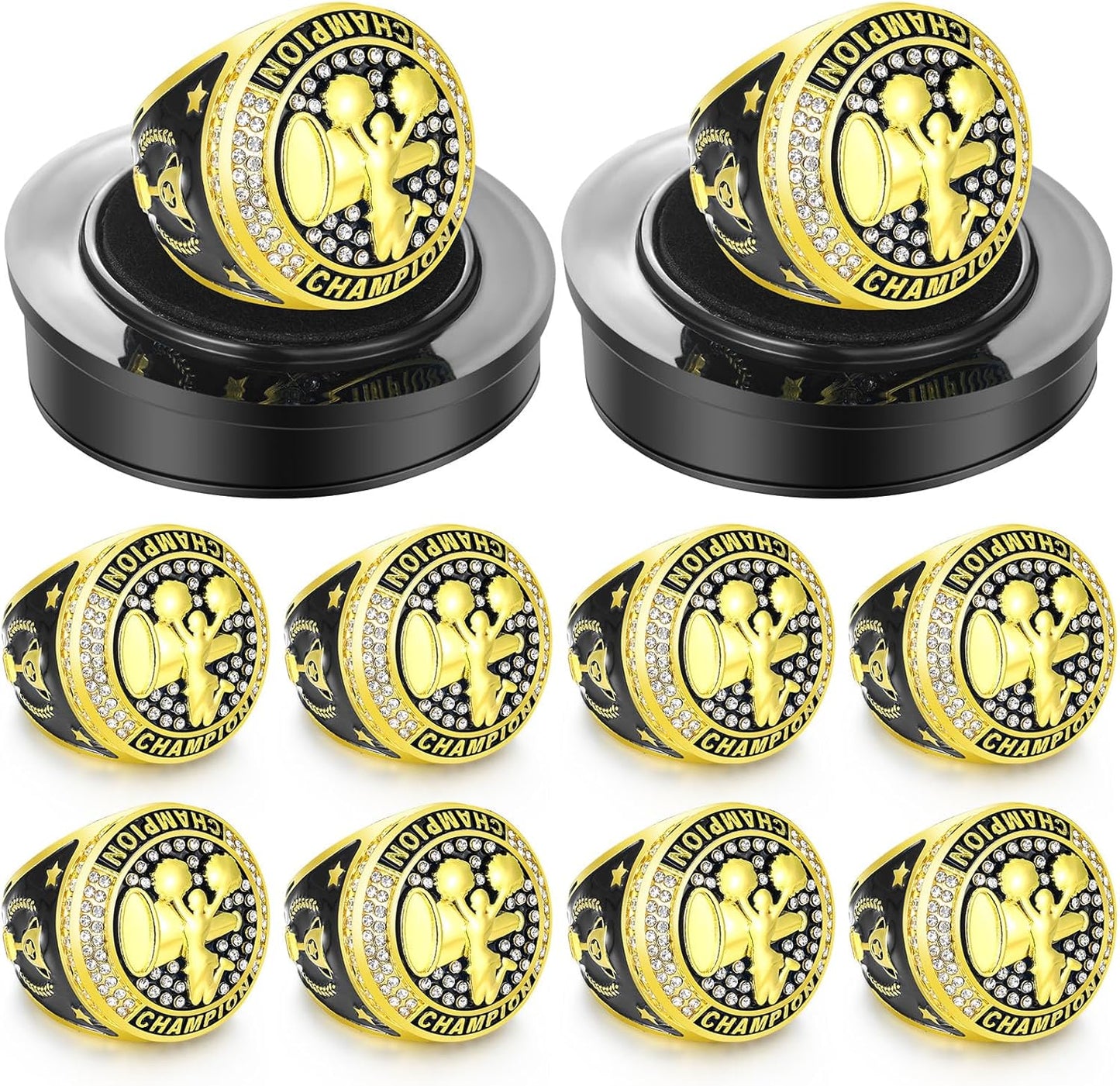๐ 10 Pack Cheerleading Championship Ring Gold with Stand & Chain โ Youth & Adult Sports