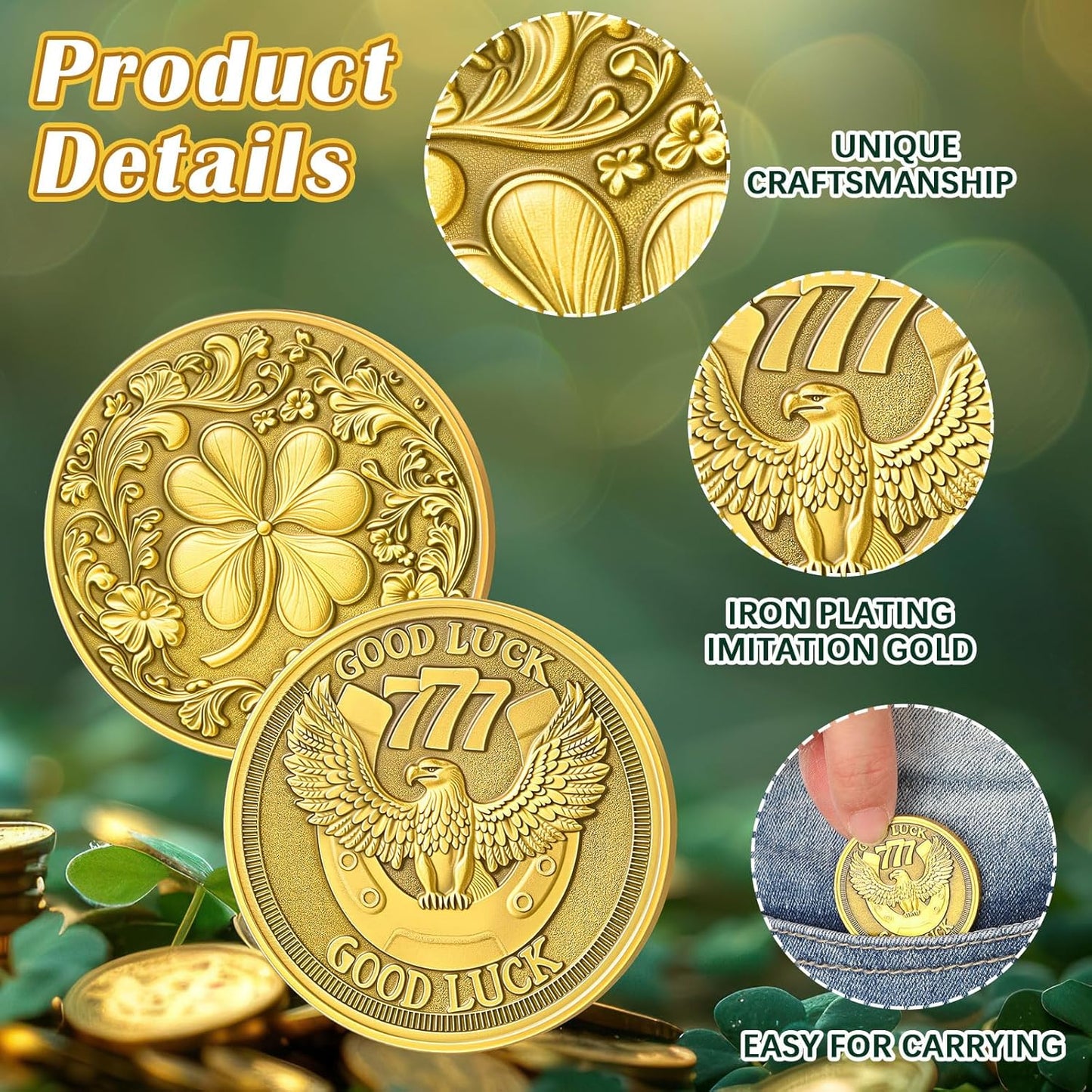 Good Luck 777 Eagle Challenge Coin – Four Leaf Clover Gold Coin (12 Pack)