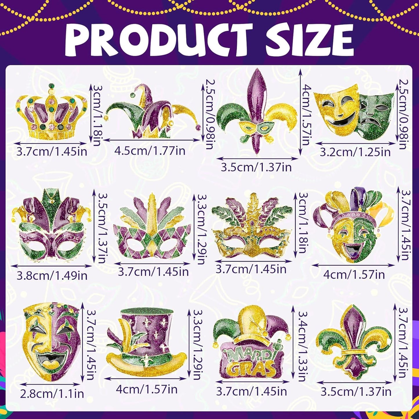 Mardi Gras Brooch Pins 12-Pack – Glitter Enamel Assorted Carnival Costume Pins