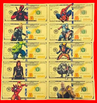 Marvel Avengers 24K Gold Foil Banknote Set – 10 Piece Collectible Currency (10 SETS)
