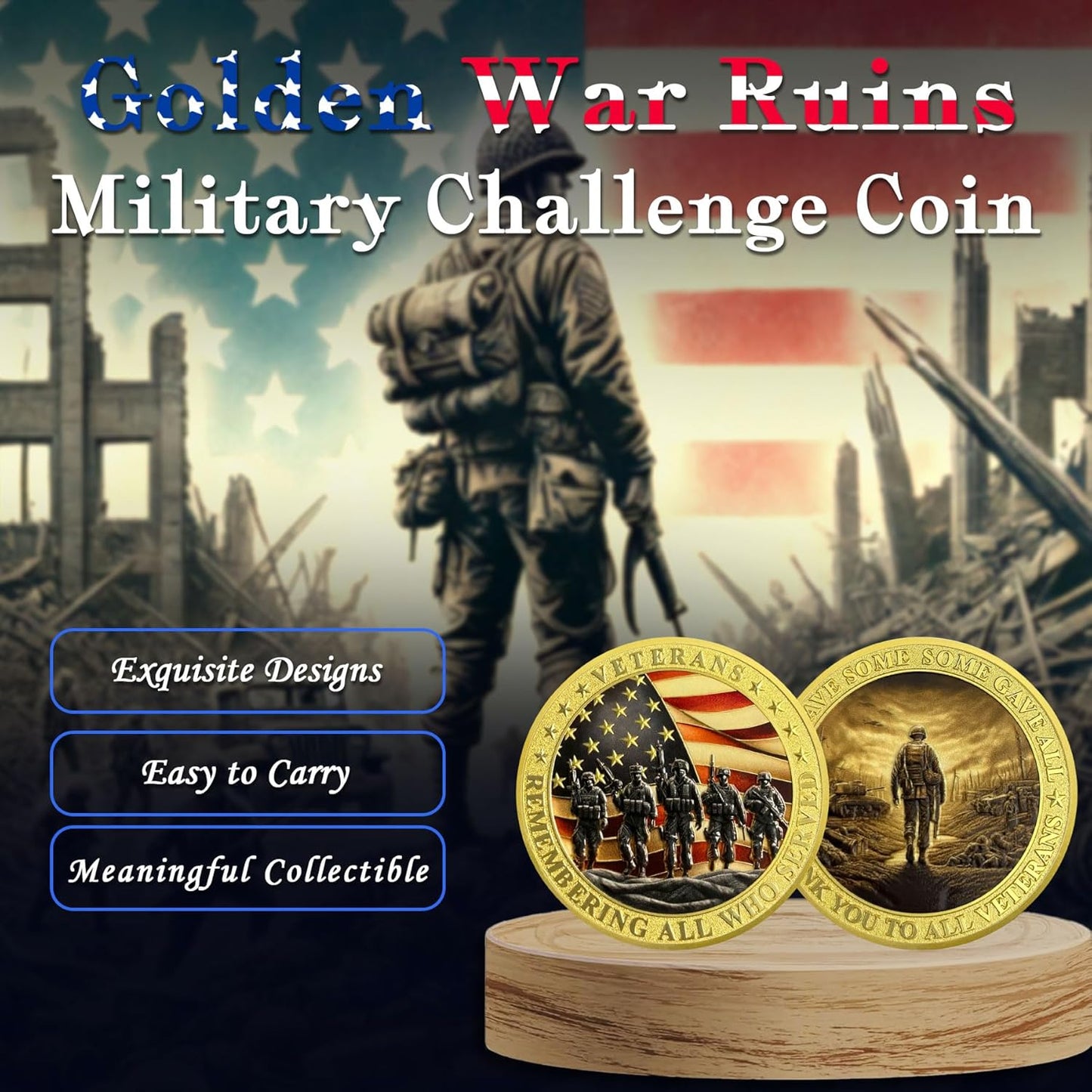 Veterans Gold Challenge Coin – Remembering All Who Served 40 or 80 pack