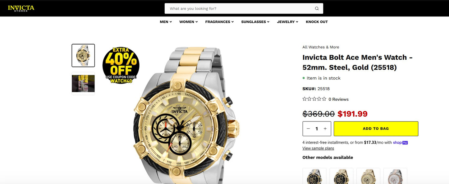 Invicta Bolt Ace 25518 Men's Chronograph Watch — 52mm Two-Tone Gold & Silver — Brand New with Tags