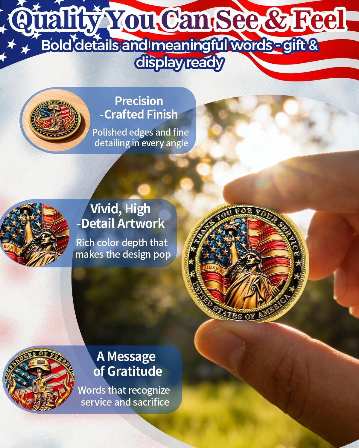 Military Challenge Coin – Thank You For Your Service | Defenders of Freedom (40mm)