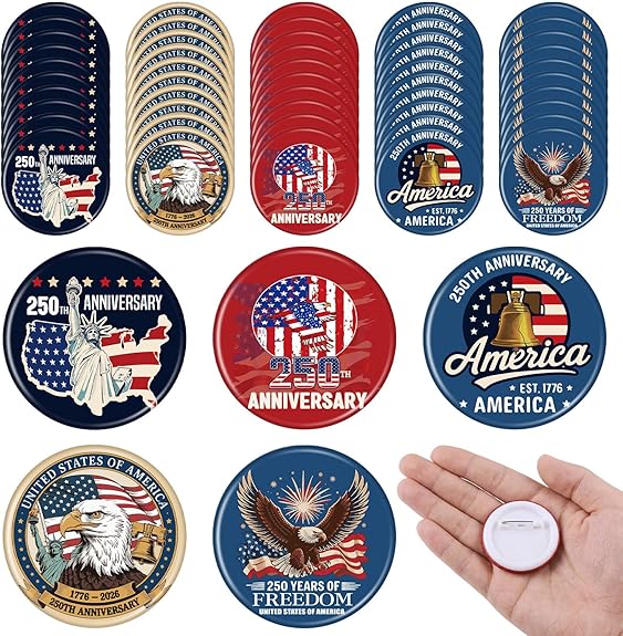 50 Pcs Patriotic 250th Birthday Buttons Pins Bulk 1.5 Inch Round 250th Anniversary Celebrating USA Pin Back Button Badges Patriots' Day Independence Day Decorations for Women Men Backpack Bags