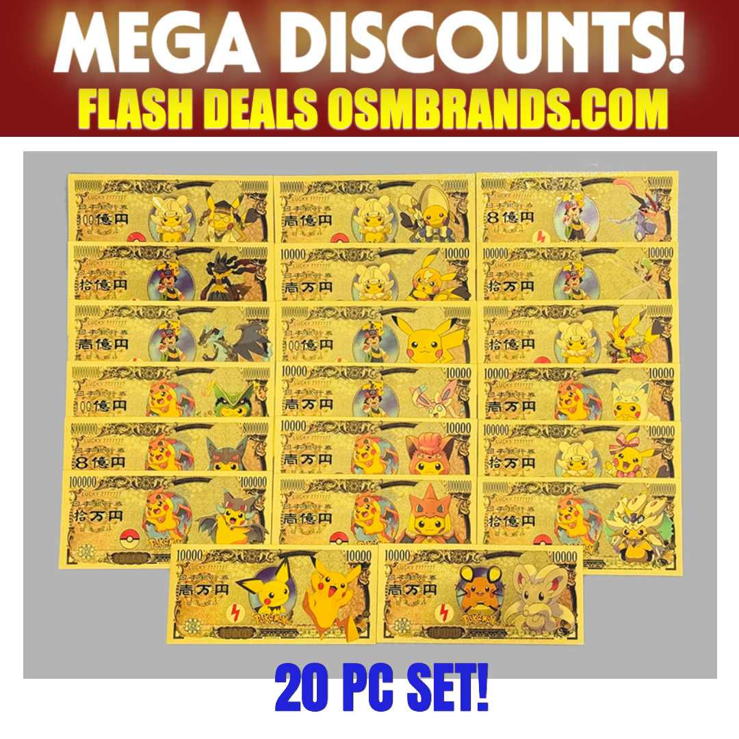 Pokémon 20 PC 24K Gold Foil Banknote Set – Pikachu & Friends Collectible Currency