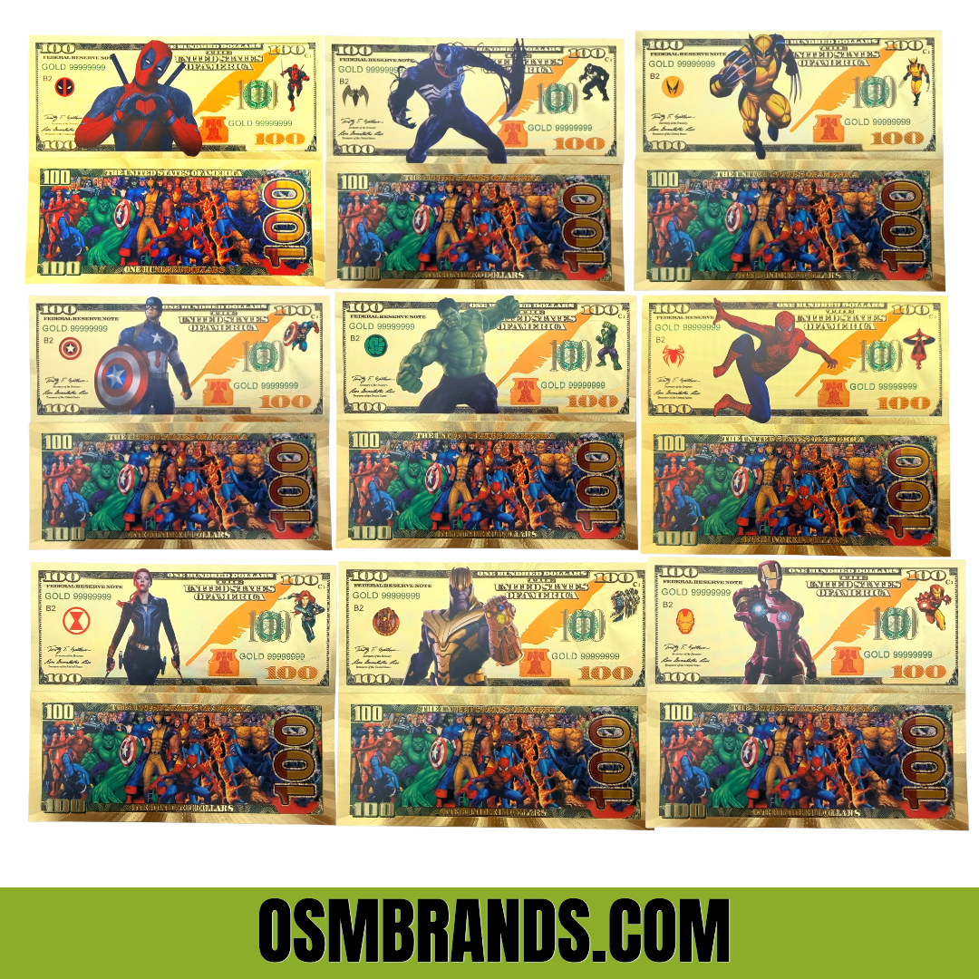 Marvel Superheroes 24K Gold Foil Banknote Set – 9 Pc | Collectible Currency Art