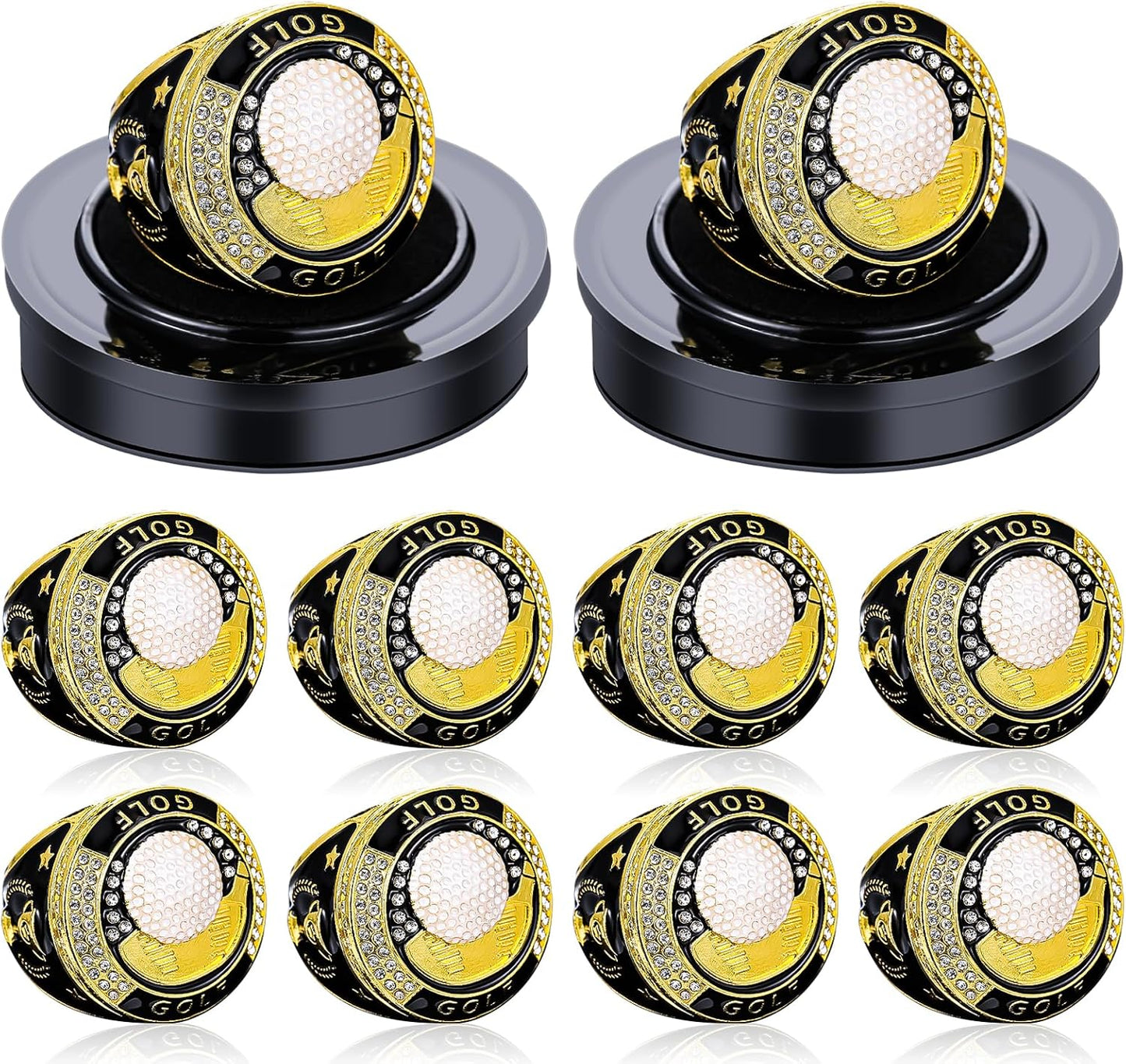 10 Pack Golf Championship Rings with Display Stand and Chain
