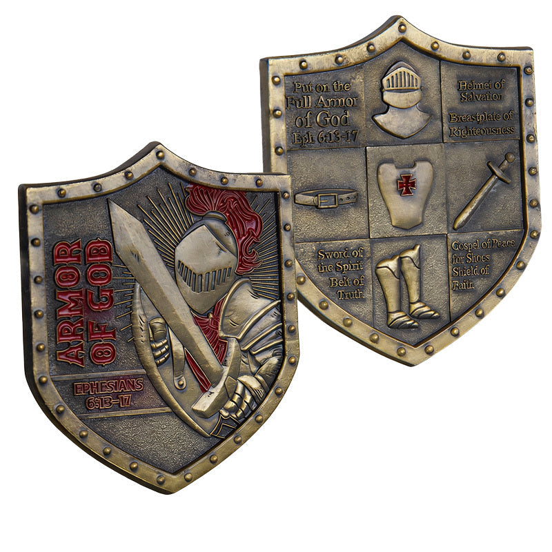 Armor of God Ephesians 6:13-17 Shield-Shaped Challenge Coin Roman Legionnaire Edition both sides – Roman soldier red plume helmet sword obverse and Full Armor of God six-panel reverse antique bronze red enamel