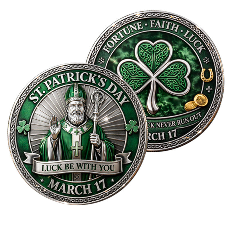 St. Patrick’s Day Luck Be With You Fortune Faith Luck Challenge Coin both sides – Saint Patrick antique silver green enamel obverse and Celtic shamrock horseshoe gold coin reverse March 17