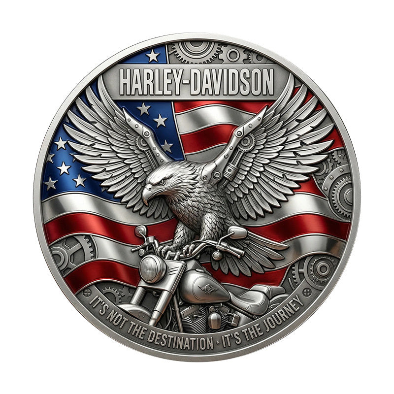 Harley-Davidson It’s Not the Destination It’s the Journey Challenge Coin obverse – mechanical bald eagle spread wings Harley motorcycle American flag enamel gears antique silver