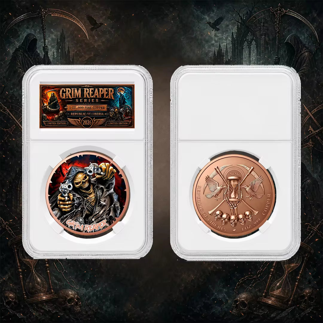 3 Styles Grim Reaper 1 oz .999 Fine Copper Collectible Coin, 3D Relief Dark Fantasy Skeleton Commemorative Round in Graded Slab (20 Stacks)