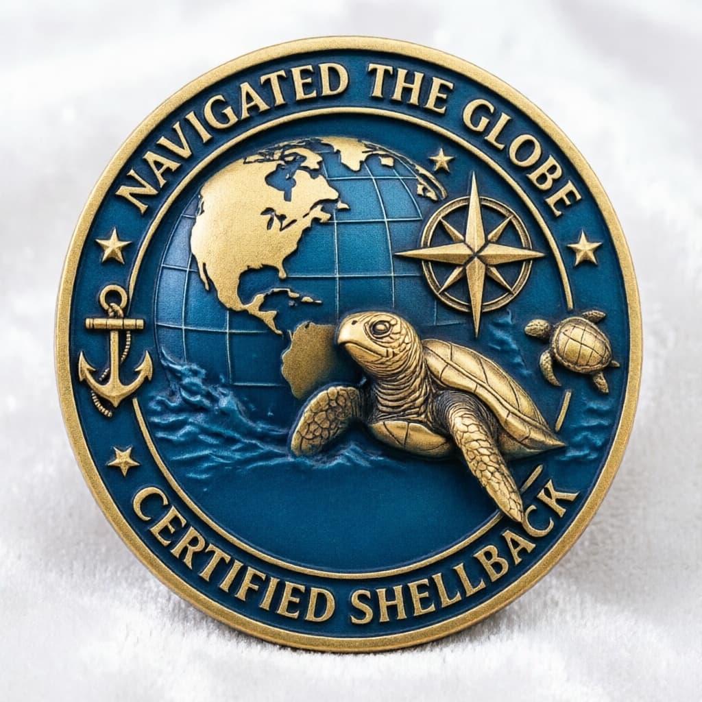 U.S. Navy Certified Shellback Challenge Coin – Crossing the Line Navigated the Globe – 40mm 3D Antique Gold (Lot of 10)
