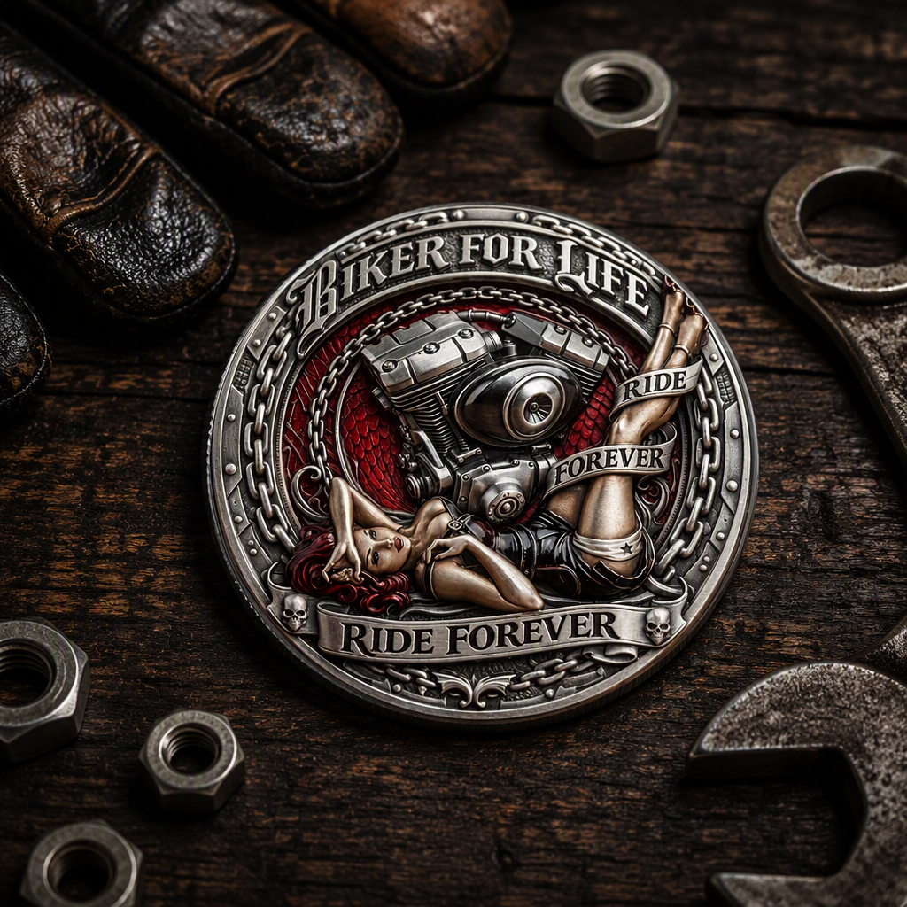 Biker For Life – Ride Forever Challenge Coin – back detail lifestyle shot