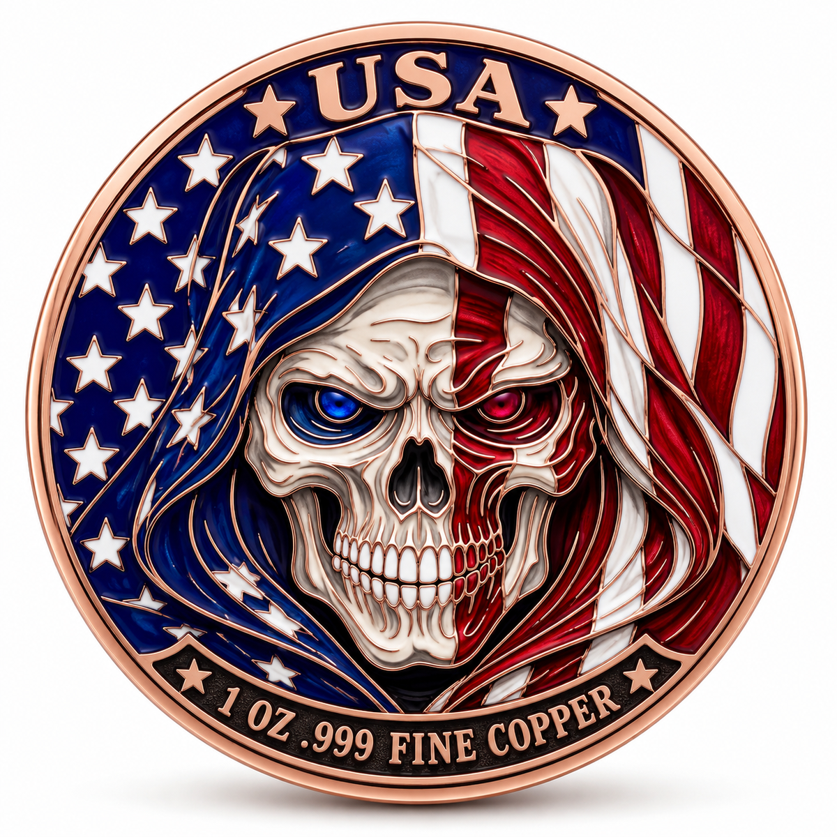 USA skull in American flag hood, 1 oz .999 fine copper coin, identical artwork on both sides