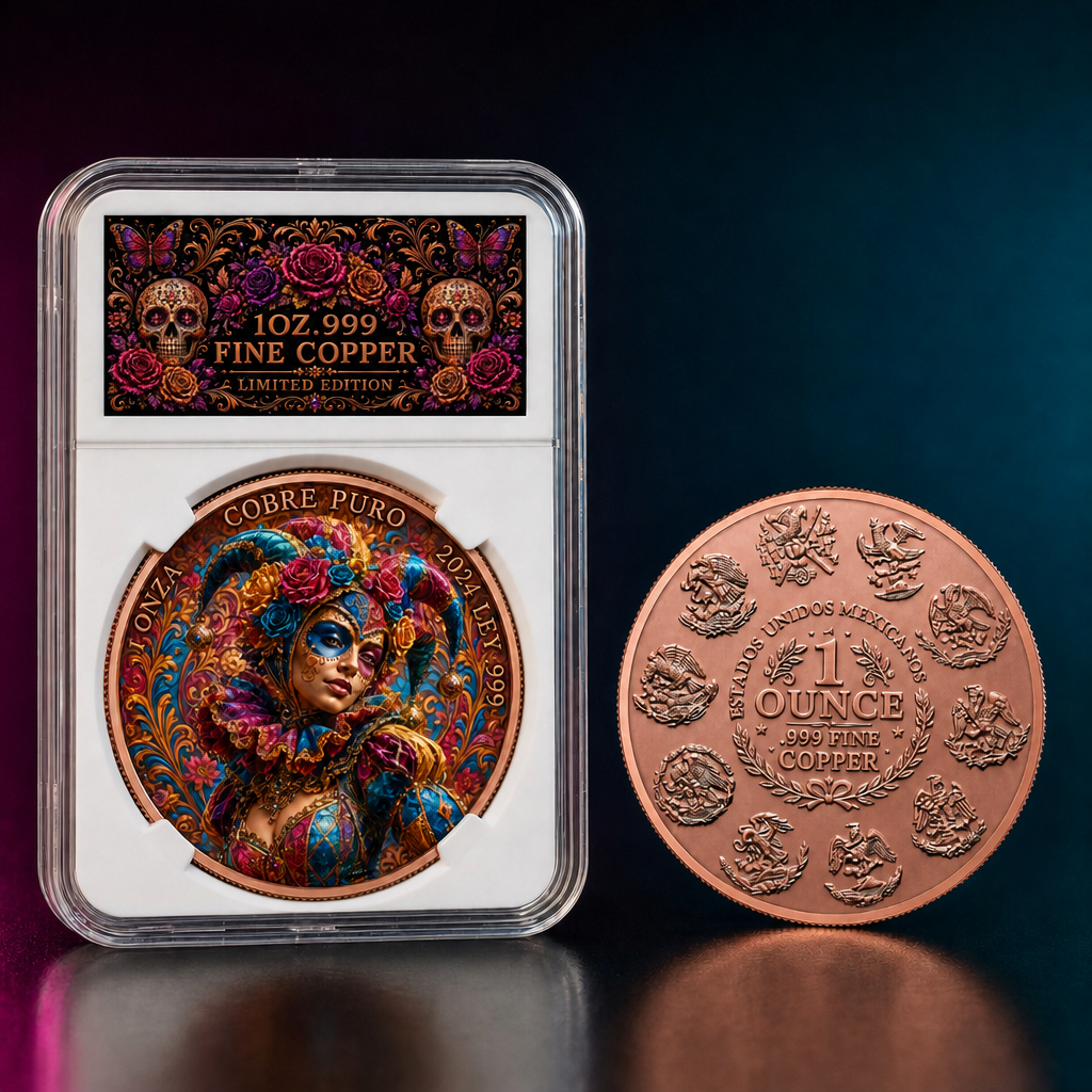 2024 Mexico Jester 1 Oz .999 Fine Copper Coin Colorized Masquerade Challenge Coin Collectible Souvenir with Labeled Display Slab