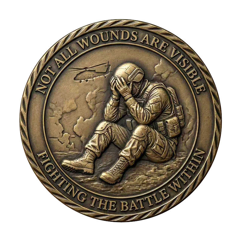 Not All Wounds Are Visible Fighting the Battle Within Challenge Coin obverse closeup – combat soldier head in hands cracked ground helicopter antique bronze rope twist rim