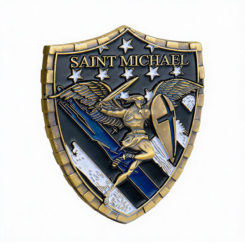 50 PCS Wholesale Lot - Saint Michael Thin Blue Line Shield Challenge Coin 1.75" Antique Bronze Police