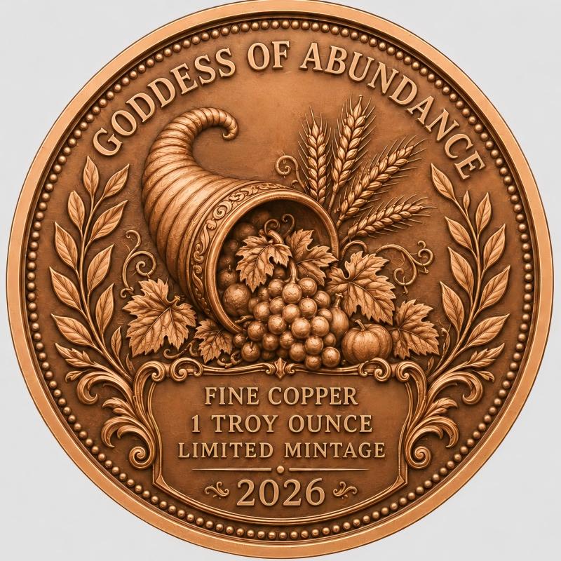 Goddess of Abundance 1 oz .999 Fine Copper Round – Limited Mintage 2026 (Tube of 20)