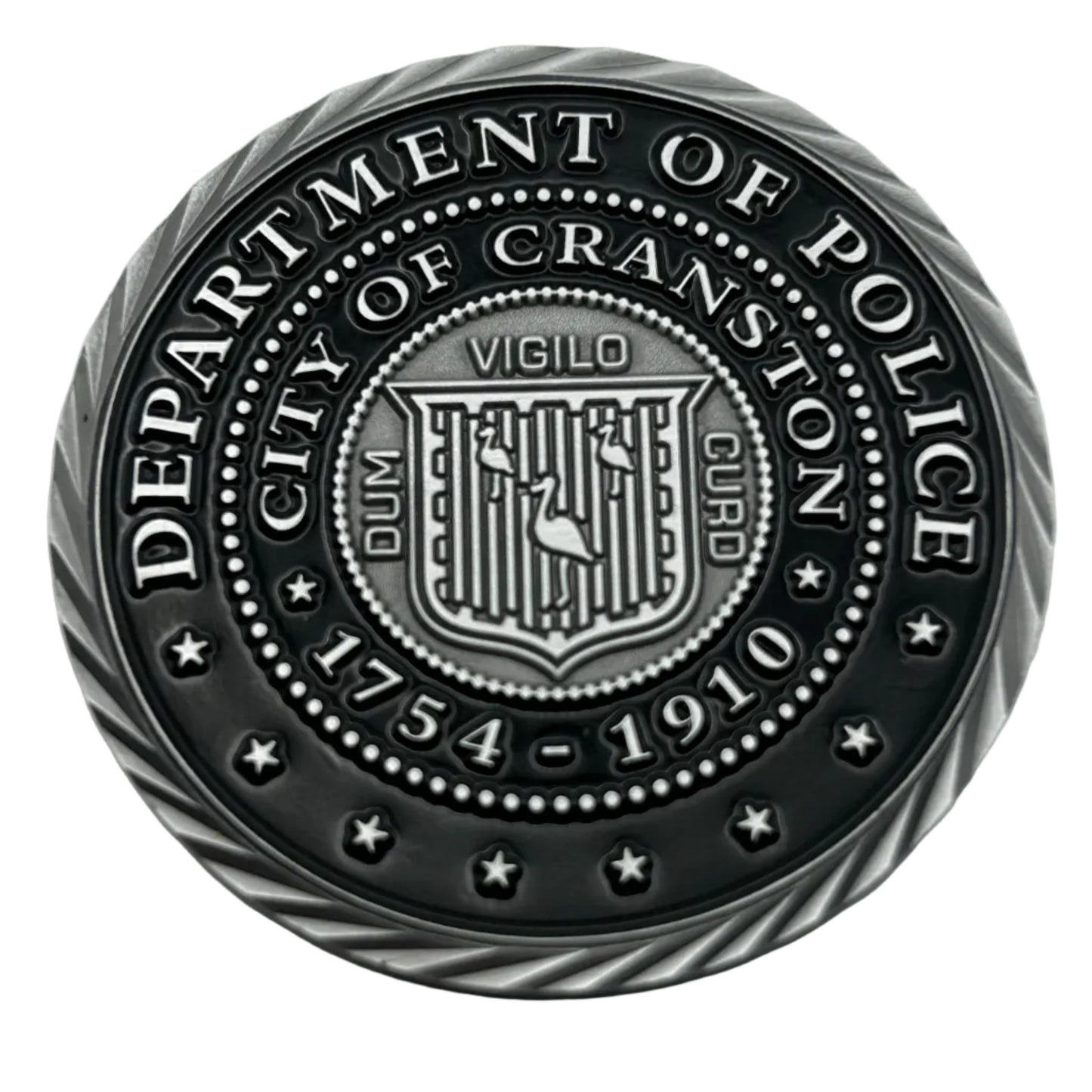 Cranston Police Department – Rhode Island Challenge Coin – RARE 2" Antique Silver – Est. 1754 – Mint Condition