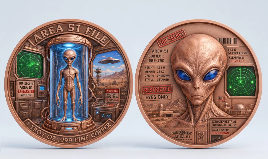 Area 51 File β EBE-750 Alien 1 Troy Oz .999 Fine Copper Round (40mm)(LATE SEPT 26 ARRIVAL)