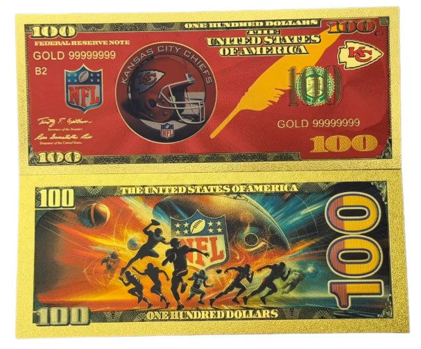 Kansas City Chiefs NFL $100 Gold Banknote (10 Pcs Min Order)