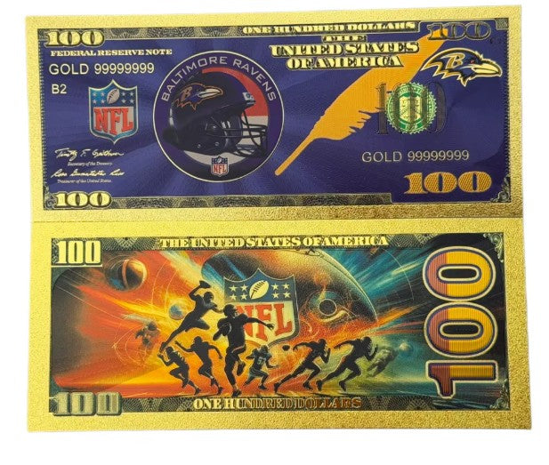 Baltimore Ravens NFL $100 Gold Banknote front and back