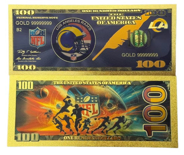 Los Angeles Rams NFL $100 Gold Banknote front and back