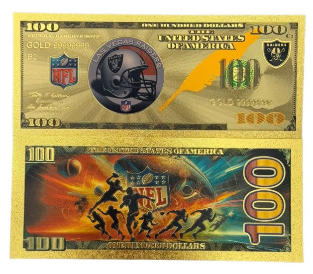 Las Vegas Raiders NFL $100 Gold Banknote front and back