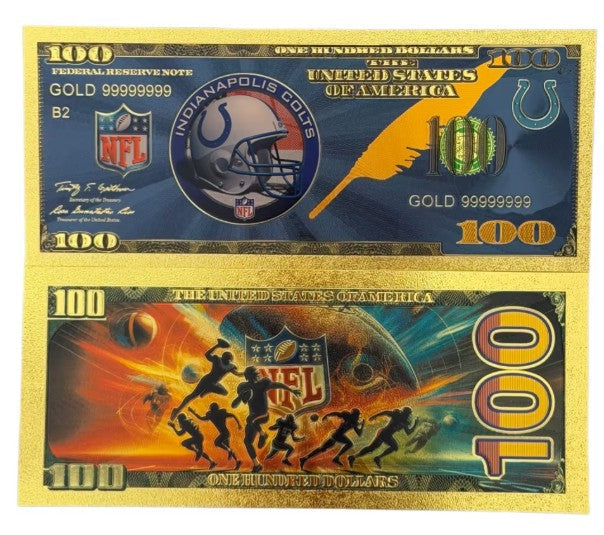 Indianapolis Colts NFL $100 Gold Banknote front and back