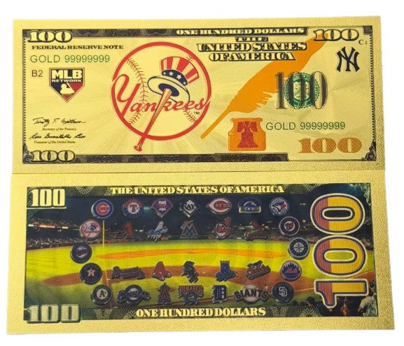 New York Yankees MLB $100 Gold Banknote front and back