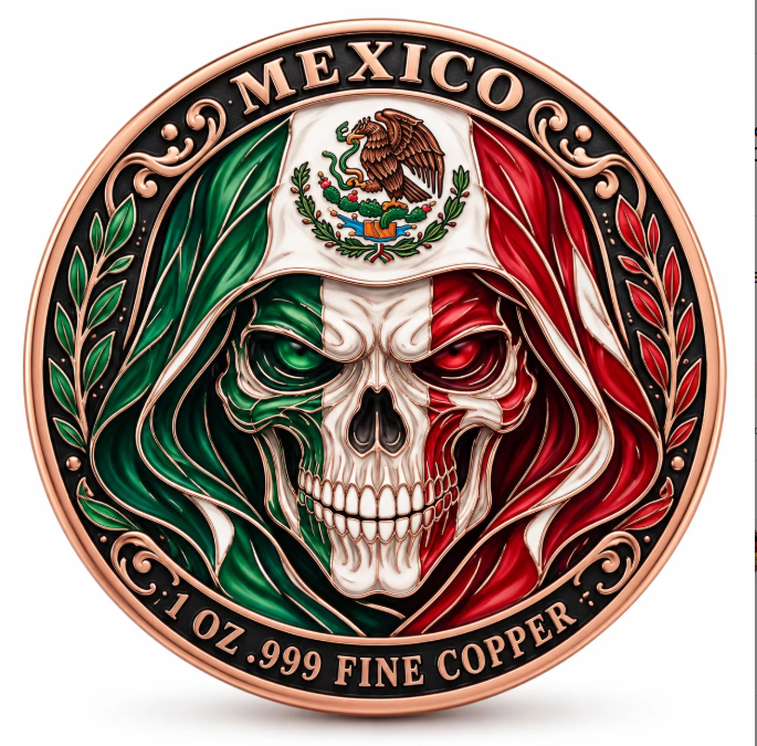 Mexico Patriotic Skull Coin – Colorized 1 oz .999 Fine Copper