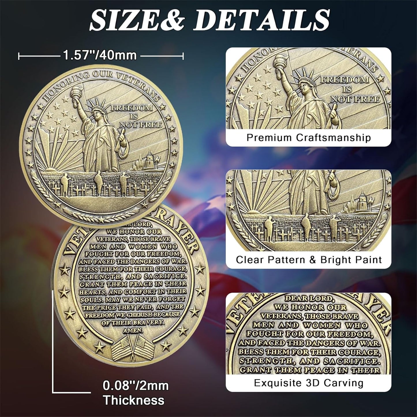 Veteran’s Prayer Challenge Coin – Freedom Is Not Free Antique Bronze (50 Pack)