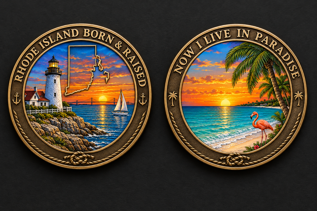 Two-sided Rhode Island and Florida challenge coin concept
