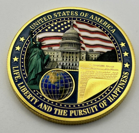 USA 250th Anniversary Challenge Coin - Life Liberty and the Pursuit of Happiness - Statue of Liberty US Capitol Declaration of Independence