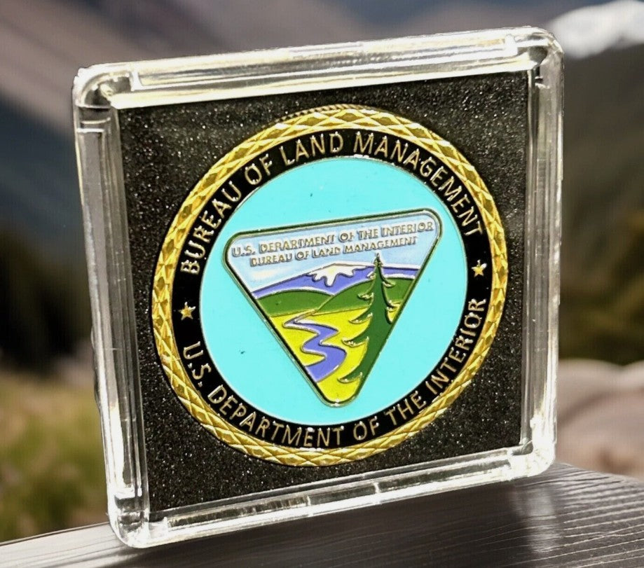 Bureau of Land Management Challenge Coin - Full Color Enamel BLM Logo with Great Seal Reverse in Display Case