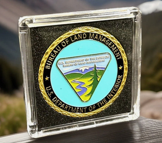 Bureau of Land Management Challenge Coin - Full Color Enamel BLM Logo with Great Seal Reverse in Display Case