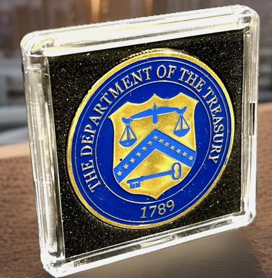 US Department of the Treasury Challenge Coin - Blue and Gold Enamel Seal Est. 1789 in Display Case
