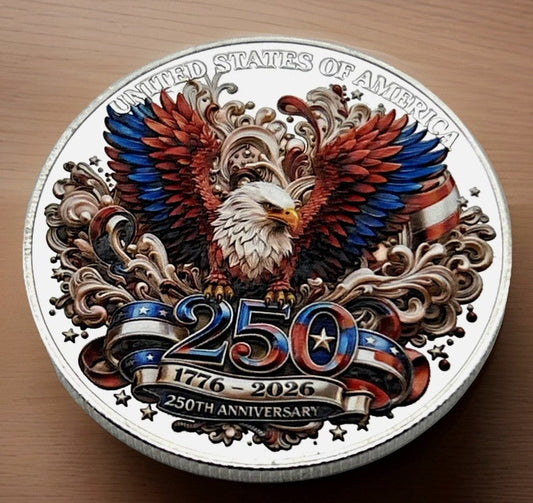 250th Anniversary of America commemorative coin featuring a bald eagle with red, white, and blue enamel wings