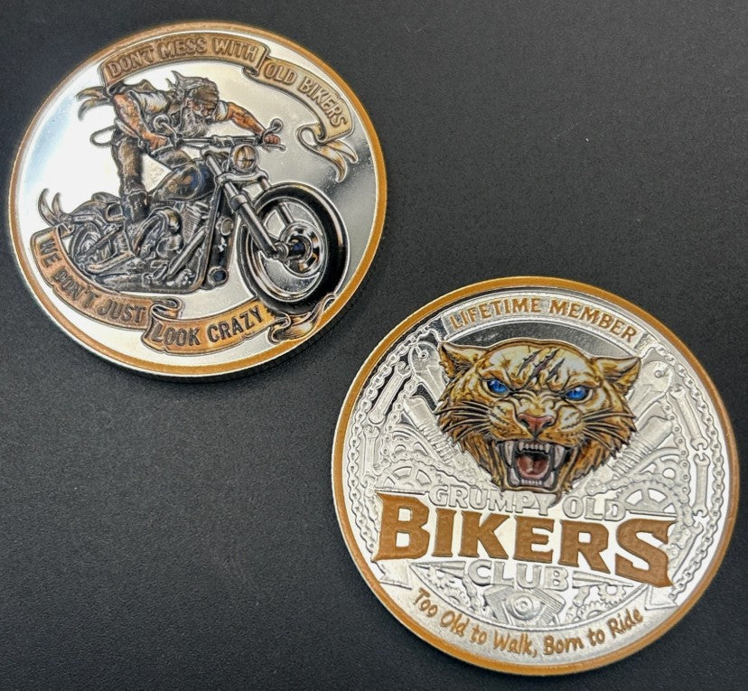 Grumpy Old Bikers Club Challenge Coin – Lifetime Member • Too Old to Walk, Born to Ride