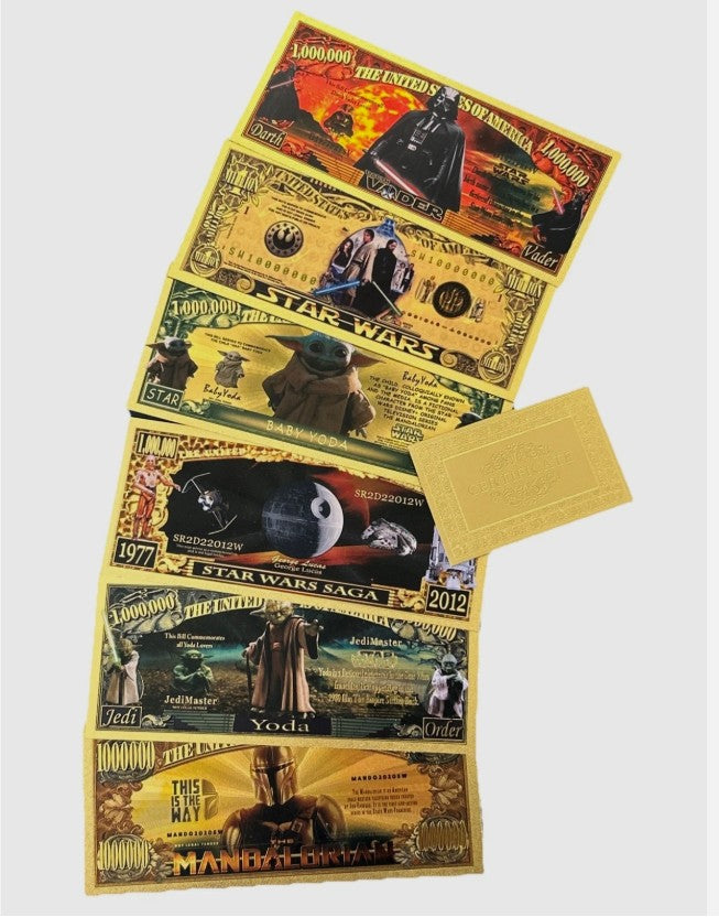 Star Wars 24K Gold Foil Banknote Set - Darth Vader Baby Yoda Yoda Mandalorian Star Wars Saga