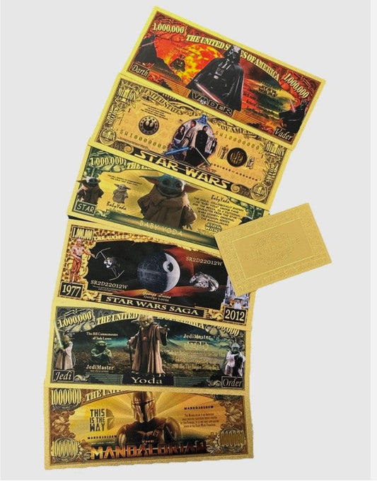 Star Wars 24K Gold Foil Banknote Set - Darth Vader Baby Yoda Yoda Mandalorian Star Wars Saga